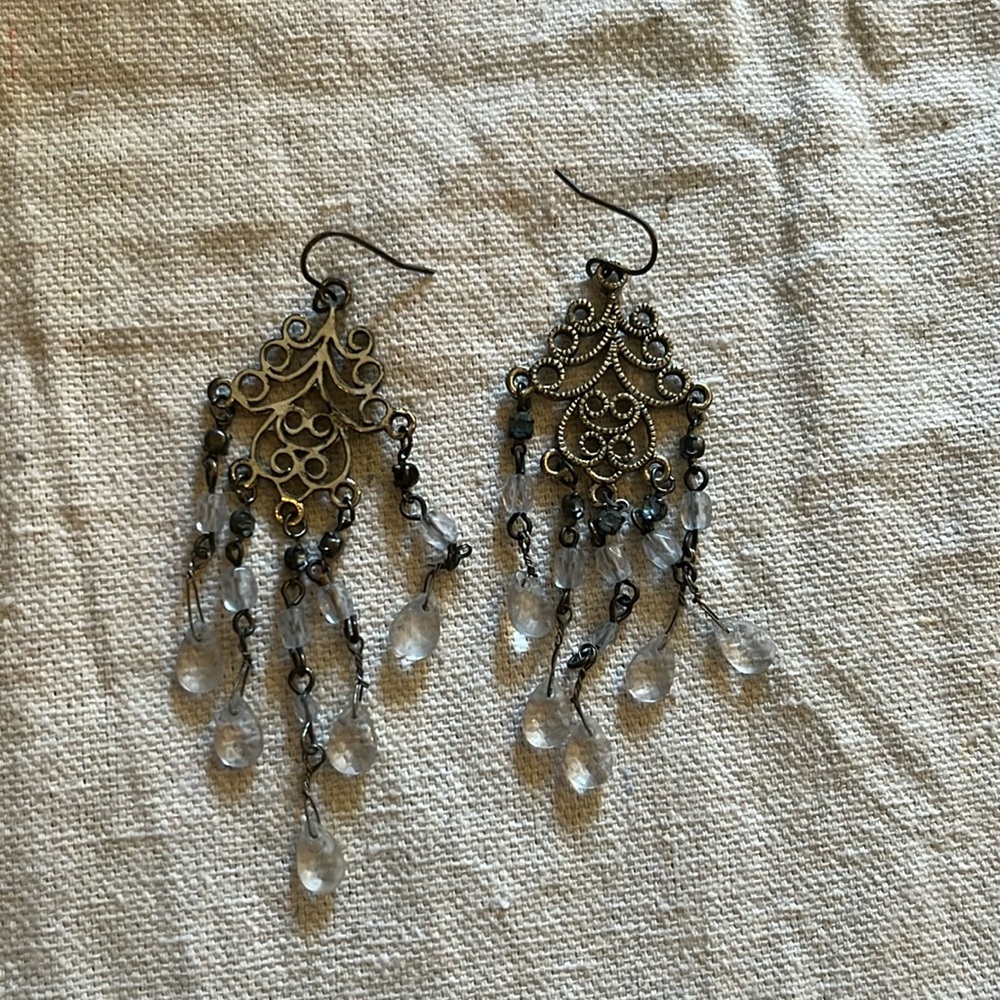 Beautiful light blue chandelier earrings with beads & beautiful flourish design